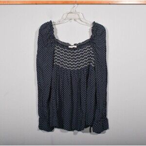 Hint of Mint Navy Blue White Swiss Dot Smocked Puff Sleeve Peasant Blouse Sz XL